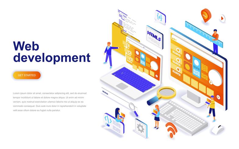 Concepto isométrico moderno del diseño plano del desarrollo web. Desarrollador y concepto de personas. Plantilla de página de aterrizaje. vector