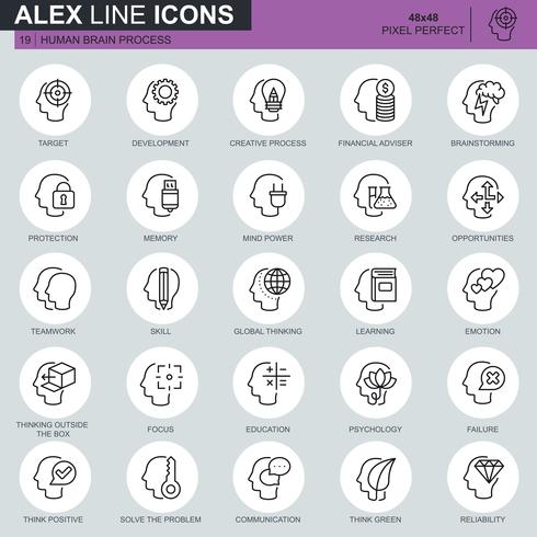 Thin line human brain process, features and emotions icons set  vector