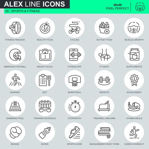 Set de iconos de fitness y deportes de líneas finas para sitios web, sitios móviles y aplicaciones. Contiene iconos como Fit Body, Swimming, Fitness App. 48x48 Pixel Perfect. Trazo editable. Ilustracion vectorial vector