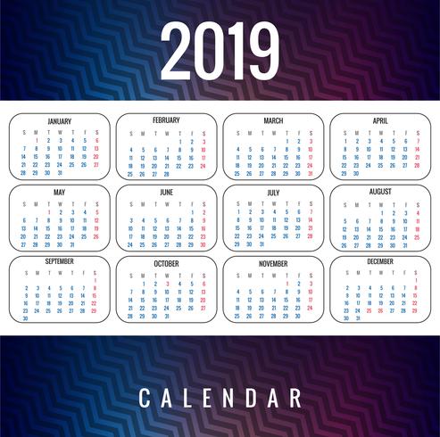 Resumen calendario colorido diseño de plantilla 2019 vector