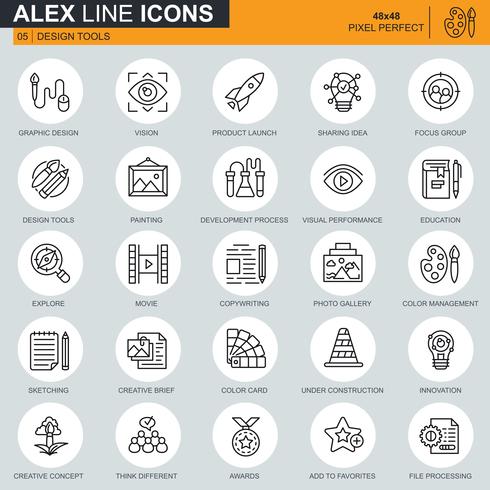 Thin line design tools, art and media icons set  vector