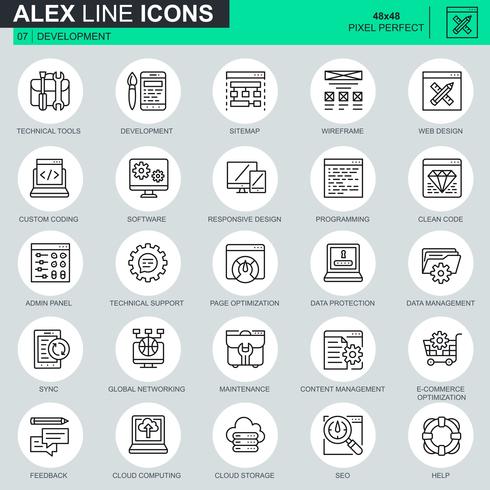 Set de iconos de diseño y desarrollo web de líneas finas para sitios web, sitios móviles y aplicaciones. Contiene iconos como software, programación, sincronización. 48x48 Pixel Perfect. Trazo editable. Ilustracion vectorial vector