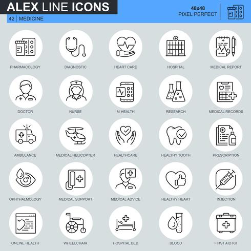 Set de iconos médicos y de atención médica de líneas finas para sitios web, sitios móviles y aplicaciones. Contiene iconos como ambulancia, investigación, hospital. 48x48 Pixel Perfect. Trazo editable. Ilustracion vectorial vector