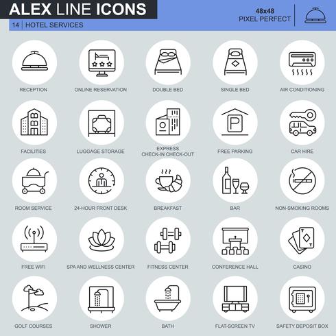 Thin line hotel services and facilities, online booking icons set vector