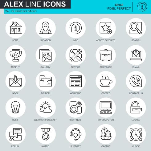 Conjunto de iconos básicos de líneas finas para aplicaciones y sitios web y sitios móviles. Contiene iconos como ubicación, maletín, lámpara, soporte, negocios, premio. 48x48 Pixel Perfect. Trazo editable. Ilustracion vectorial vector