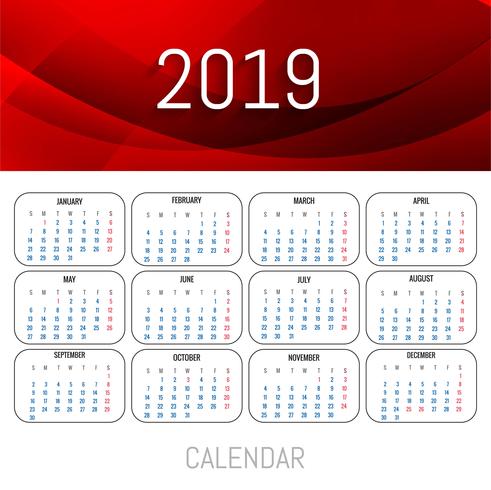 Modern 2019 red calendar template with wave vector