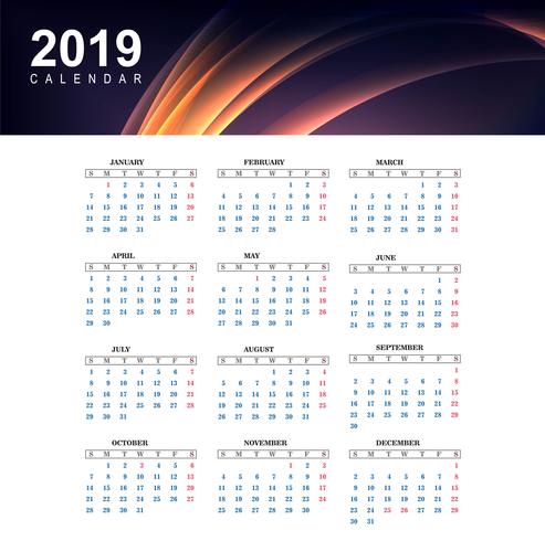 2019 colorido calendario con vector de plantilla de onda