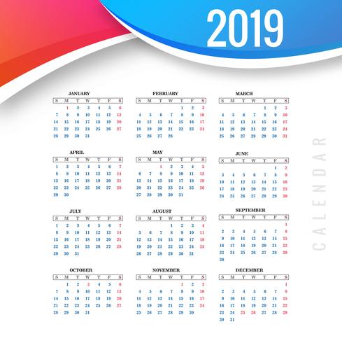 Resumen calendario plantilla colorida 2019 con diseño de vector de onda