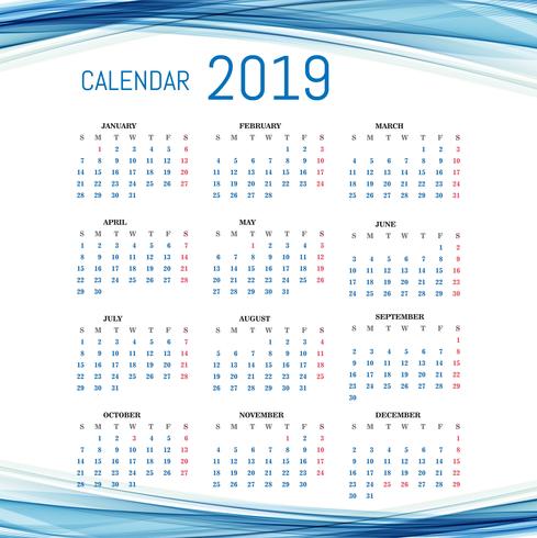 Plantilla calendario 2019 con fondo de onda vector