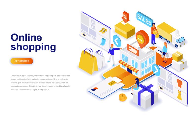 Compras en línea moderno concepto de diseño plano isométrico. Venta, consumismo y concepto de personas. Plantilla de página de aterrizaje. vector