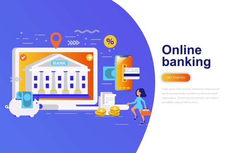 Banner de web de concepto plano moderno de banca en línea con carácter de personas pequeñas decoradas. Plantilla de página de aterrizaje. vector