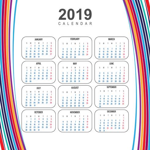 Modern 2019 colorful calendar template with wave vector
