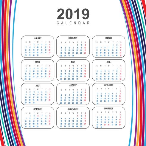 Plantilla de calendario colorido 2019 moderno con vector de onda