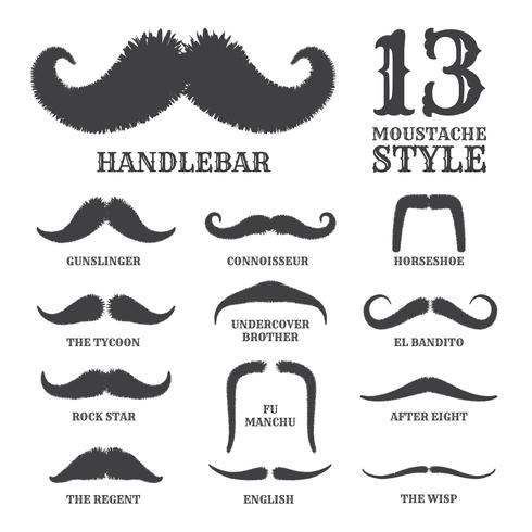 Isolated Silhouette Moustache Collection With Name of Style. Vec vector