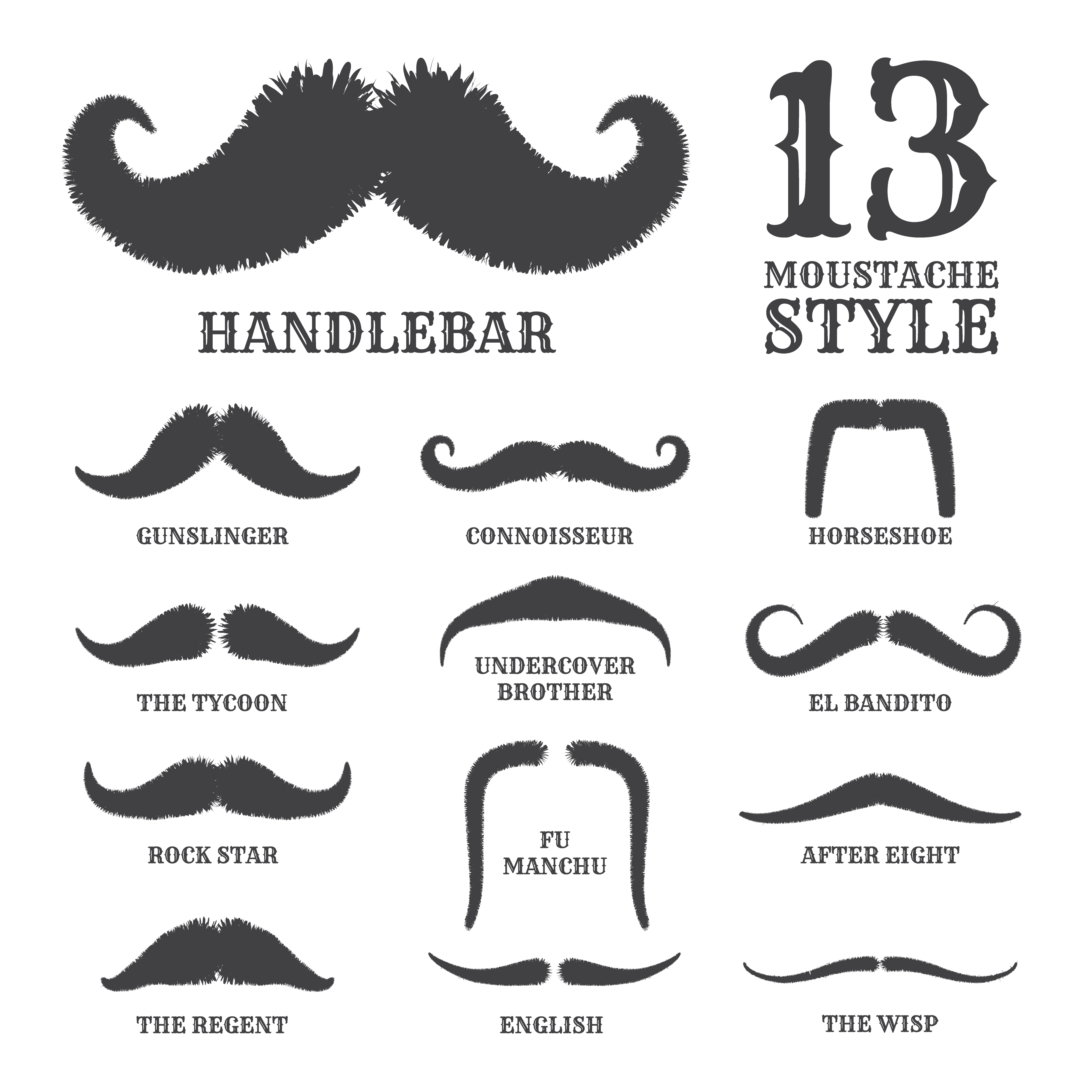 Download Isolated Silhouette Moustache Collection With Name of Style. 