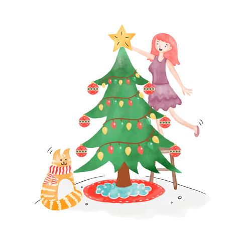 Lindo árbol de navidad con niña y gato vector