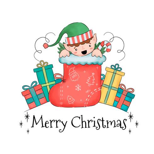 Cute Elf Inside Sock With Gifts Around vector