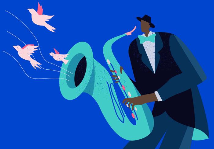 Saxaphone Player In Jazz Concert Vector Flat Background