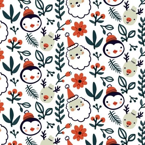 Cute Christmas Pattern Wirth Reindeer, Penguin And Leaves vector