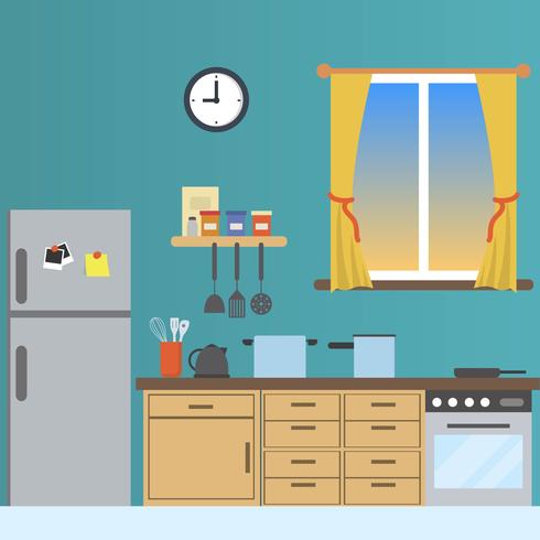 Flat Kitchen With Window View Vector Illustration