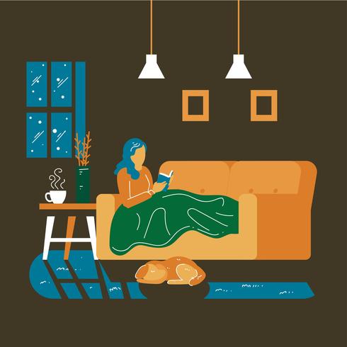 woman getting cozy on the sofa reading a book vector