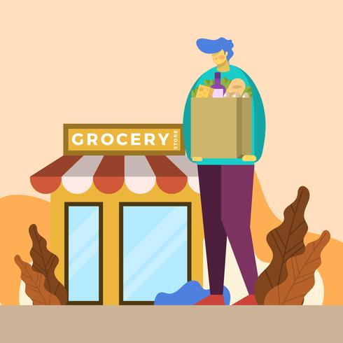 Flat Man Shopping at Grocery Store Vector Illustration