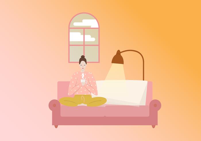 Lady Enjoy Drink On Sofa vector