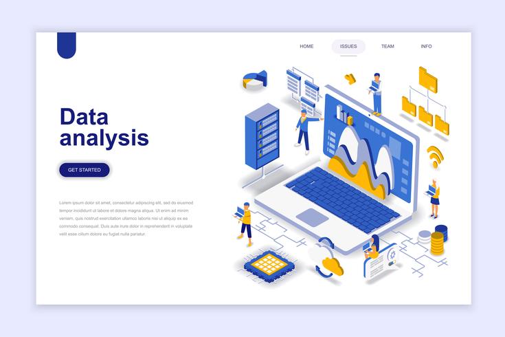 Concepto isométrico moderno del diseño plano del análisis de datos. Analítica y concepto de personas. Plantilla de página de aterrizaje. Ilustración vectorial isométrica conceptual para web y diseño gráfico. vector