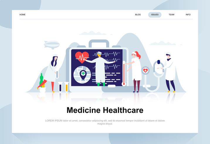 Medicina y cuidado de la salud moderno concepto de diseño plano. Farmacia y concepto de personas. Plantilla de página de aterrizaje. Ilustración de vector plano conceptual para página web, sitio web y sitio web móvil.