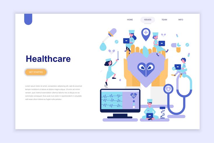 Plantilla de página de aterrizaje de la medicina y la salud moderno concepto de diseño plano. Aprendizaje y concepto de personas. Ilustración de vector plano conceptual para página web, sitio web y sitio web móvil.