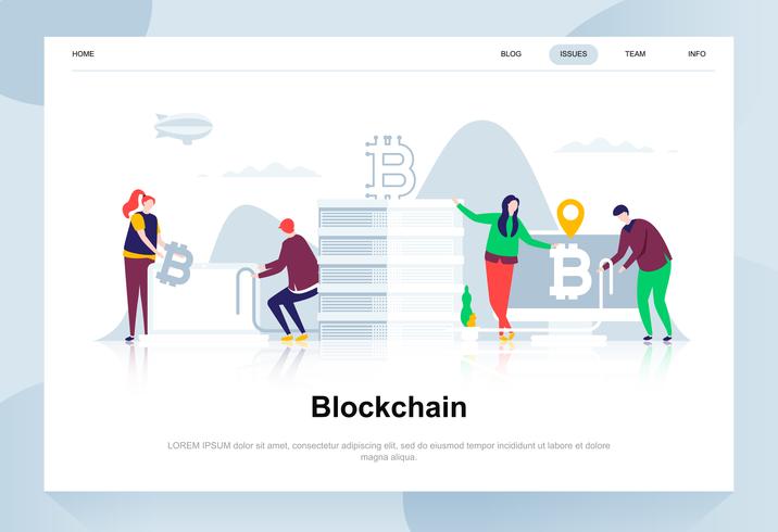 Blockchain moderno concepto de diseño plano. Criptomoneda y concepto de personas. Plantilla de página de aterrizaje. Ilustración de vector plano conceptual para página web, sitio web y sitio web móvil.