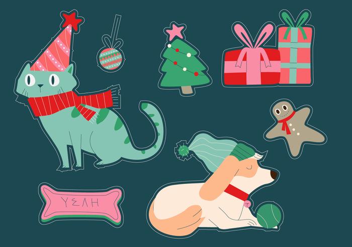 Cat And Dog Christmas Winter Sticker Vector Illustration