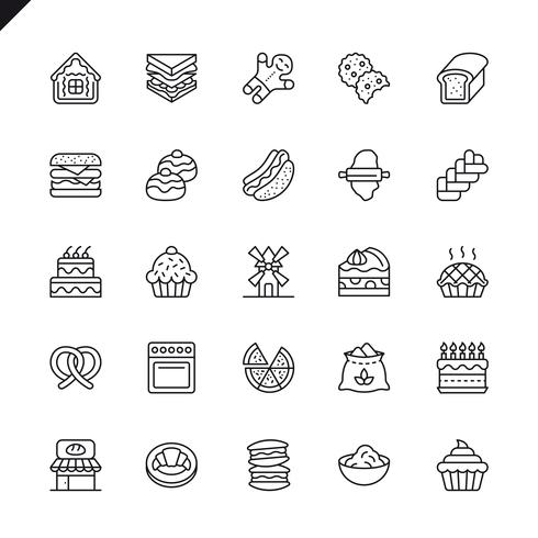 Iconos de elementos de tienda de panadería de línea fina establecidos para sitio web, sitio móvil y aplicaciones. Esquema de los iconos de diseño. 48x48 Pixel Perfect. Pack de pictogramas lineales. Ilustracion vectorial vector