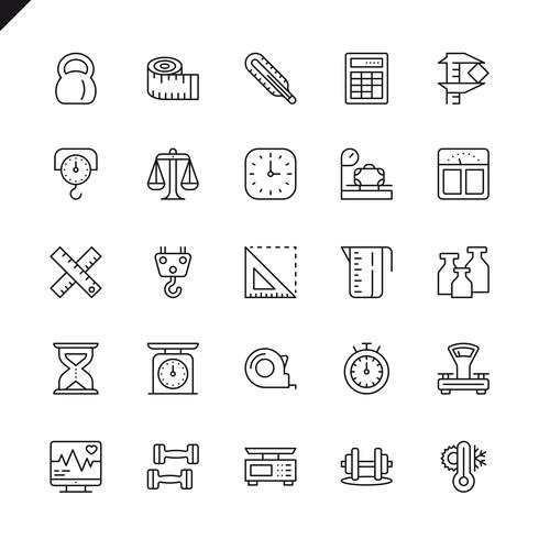 Medición de líneas finas, iconos de elementos de medidas establecidos para el sitio web, el sitio móvil y las aplicaciones. Esquema de los iconos de diseño. 48x48 Pixel Perfect. Pack de pictogramas lineales. Ilustracion vectorial vector