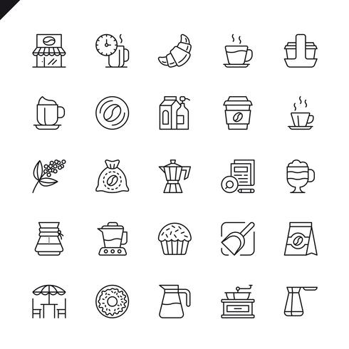 Set de iconos de elementos de café, cafés y cafés de líneas finas para sitios web, sitios móviles y aplicaciones. Esquema de los iconos de diseño. 48x48 Pixel Perfect. Pack de pictogramas lineales. Ilustracion vectorial vector