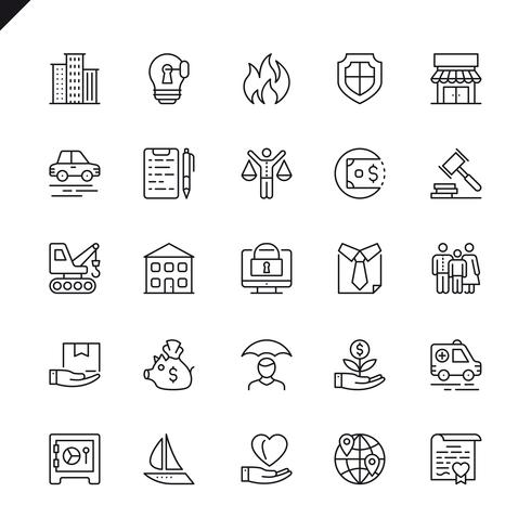 Set de iconos de líneas finas de seguros para sitios web, sitios móviles y aplicaciones. Esquema de los iconos de diseño. 48x48 Pixel Perfect. Pack de pictogramas lineales. Ilustracion vectorial vector