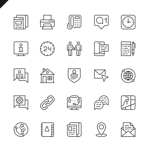 Línea delgada contáctenos iconos establecidos para sitio web y sitio móvil y aplicaciones. Esquema de los iconos de diseño. 48x48 Pixel Perfect. Pack de pictogramas lineales. Ilustracion vectorial vector