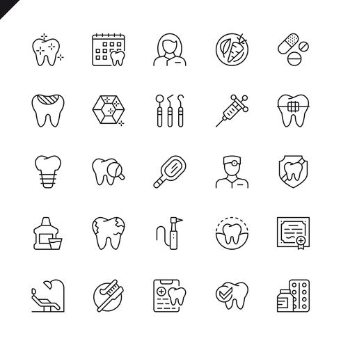 Set de iconos dentales de líneas finas para sitio web, sitio móvil y aplicaciones. Esquema de los iconos de diseño. 48x48 Pixel Perfect. Pack de pictogramas lineales. Ilustracion vectorial vector