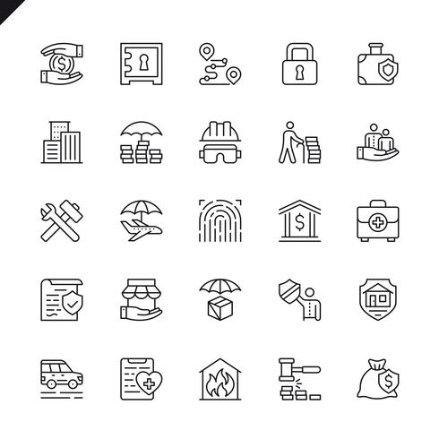 Conjunto de iconos de elementos de seguros de líneas finas para sitios web, sitios móviles y aplicaciones. Esquema de los iconos de diseño. 48x48 Pixel Perfect. Pack de pictogramas lineales. Ilustracion vectorial vector