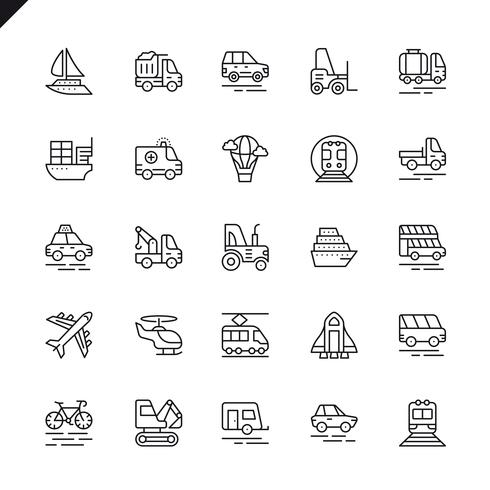 Iconos de elementos de transporte, vehículos y elementos de entrega de líneas finas para el sitio web, el sitio móvil y las aplicaciones. Esquema de los iconos de diseño. 48x48 Pixel Perfect. Pack de pictogramas lineales. Ilustracion vectorial vector