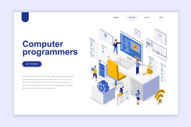 Concepto isométrico moderno del diseño plano de los programadores informáticos. Desarrollo de software y concepto de personas. Plantilla de página de aterrizaje. Ilustración vectorial isométrica conceptual para web y diseño gráfico. vector