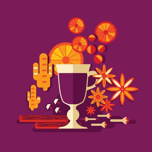 Vino caliente con naranja, palitos de canela, anís sobre fondo violeta vector