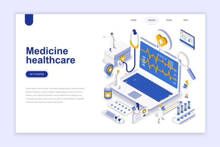 Medicina y cuidado de la salud moderno concepto de diseño plano isométrico. Farmacia y concepto de personas. Plantilla de página de aterrizaje. Ilustración vectorial isométrica conceptual para web y diseño gráfico. vector