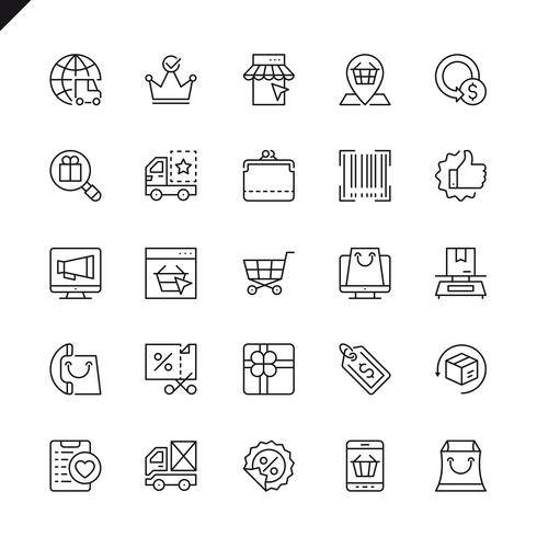 Conjunto de iconos de comercio electrónico, compras en línea y elementos de entrega para sitios web y sitios móviles y aplicaciones. Esquema de los iconos de diseño. 48x48 Pixel Perfect. Pack de pictogramas lineales. Ilustracion vectorial vector