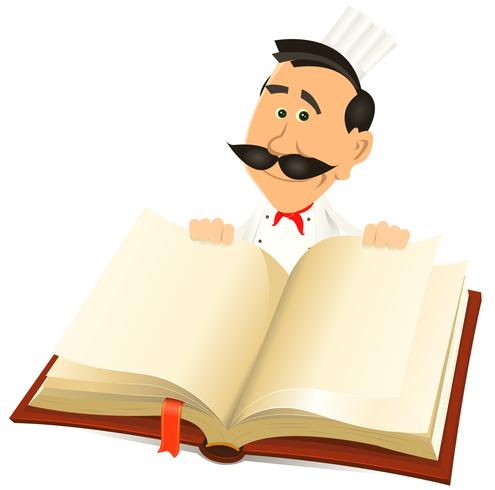 Chef cocinero sosteniendo recetas libro vector