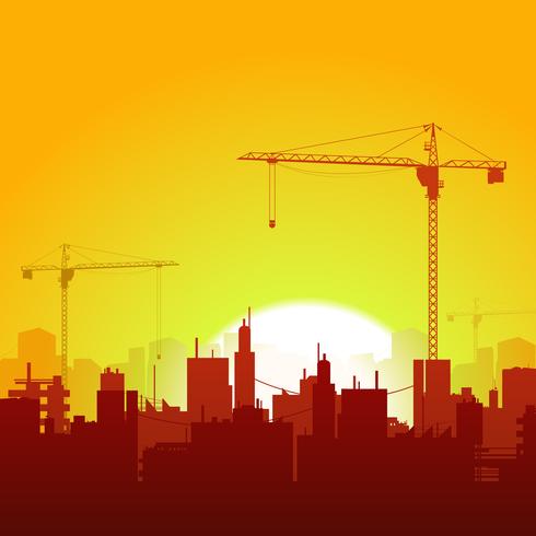 Grúas de amanecer y fondo de construcción vector