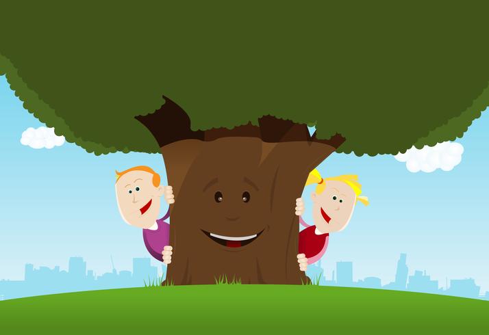 Niños felices y árbol amigable vector