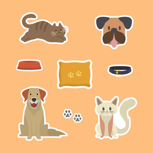 Flat Funny Cat and Dog Sticker Template Vector Illustration