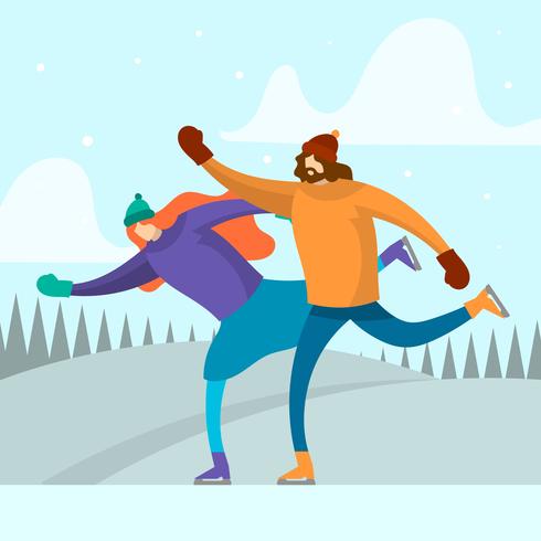 Flat Couple Play Ice Skating Vector Illustration