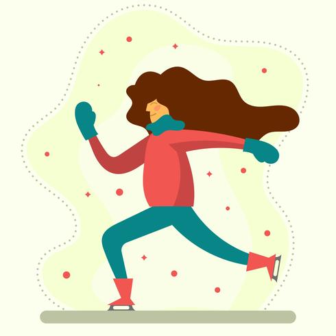 Flat Female Play Ice Skating Vector Illustration